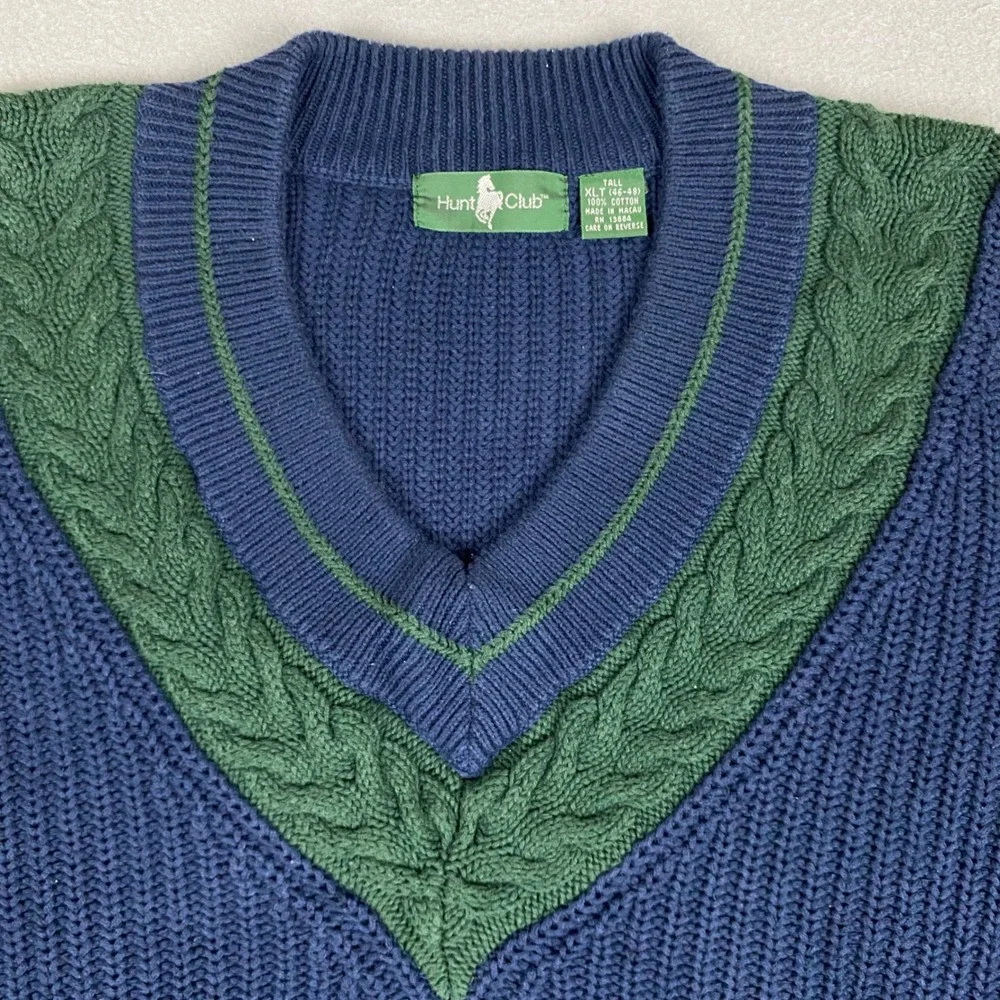 Hunt Club Vintage V-Neck Cable Knit Shaker Cricket Sweater Mens XLT Tall Navy